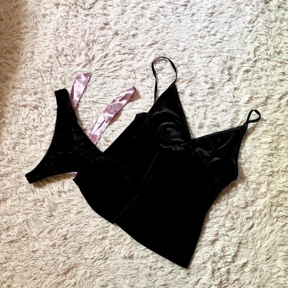 Black Velvet Babydoll Coquette‎ Twee Camisole Lingerie Set Womens L Sexy Gothic